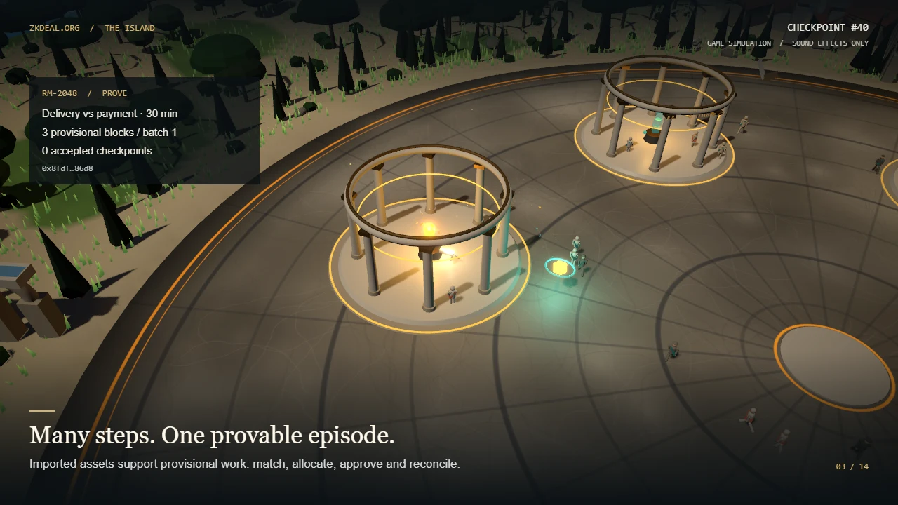 A close view of a circular trading room, its block activity and an inspector showing the current batch and accepted checkpoints.